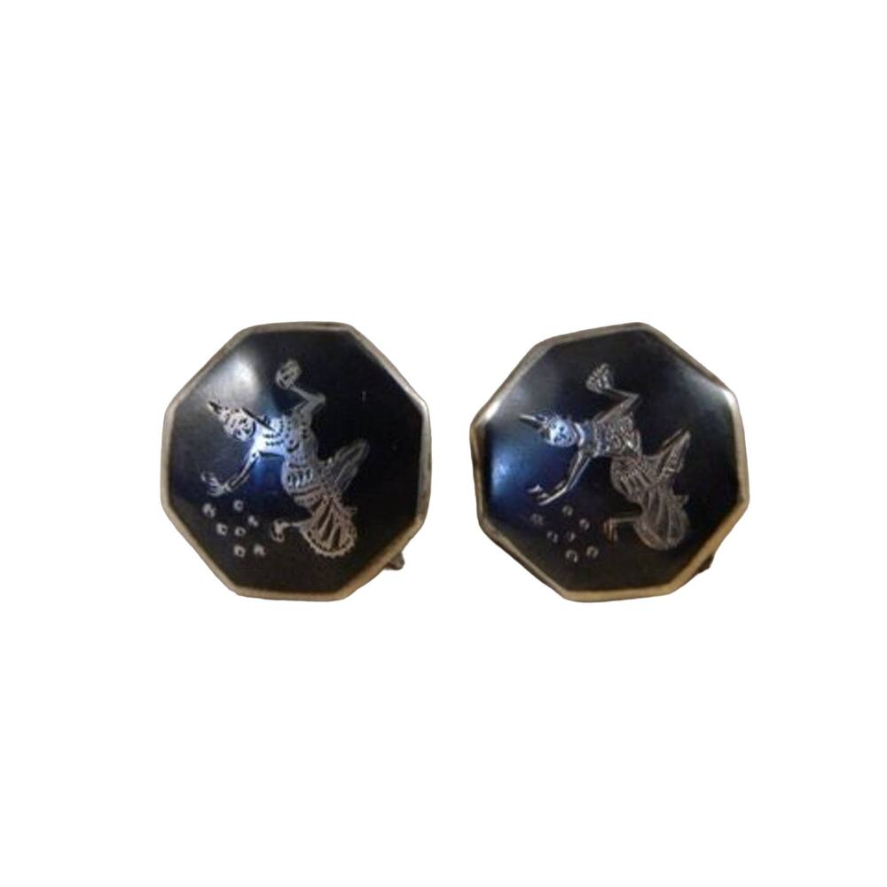 Vintage Siam Sterling Silver Screw Back Earrings Thailand Niello Dancer Earrings